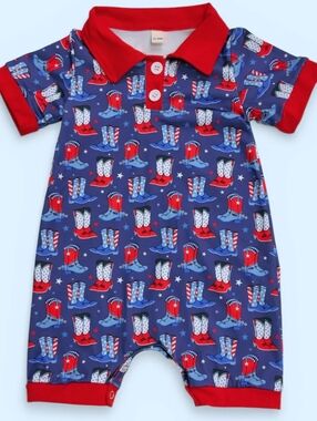 Kids Red & Blue Cowboy Boot Print One-Piece Romper